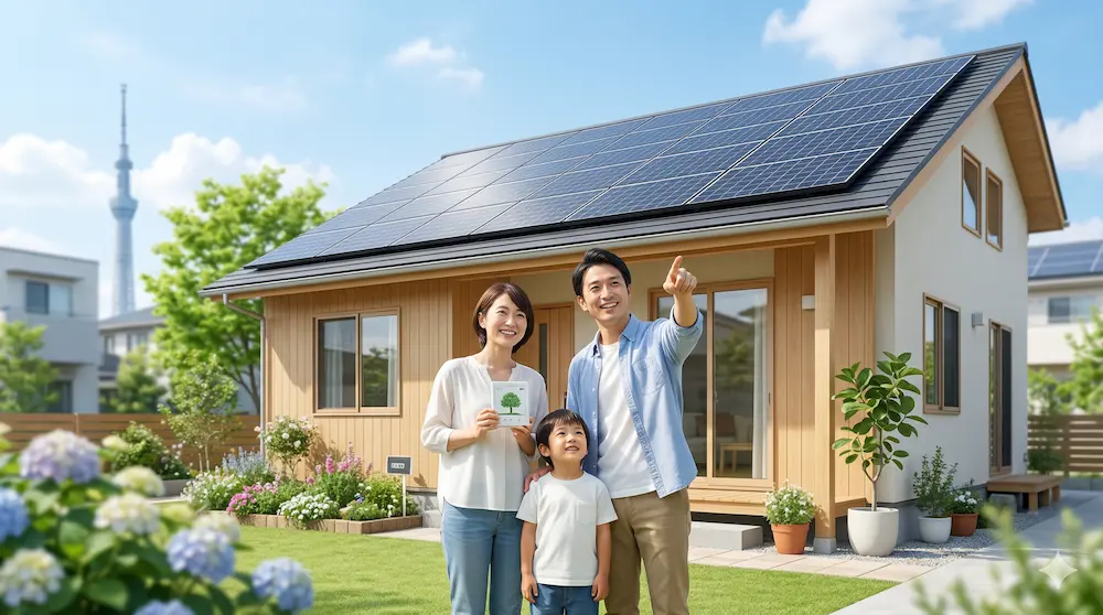 【画像：安心の自家消費】太陽光パネル付きの自宅前で、安心した表情で未来を指差す笑顔の家族（夫婦と子供）。遠景に東京スカイツリーが見える東京都内の戸建て。