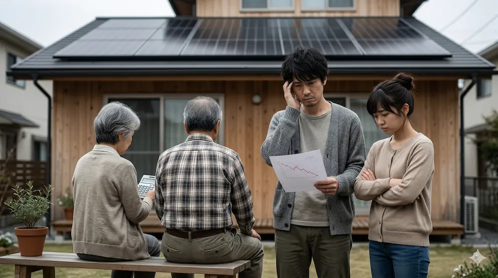 【画像：太陽光の後悔】設置費用や投資回収の悩みで暗い表情を浮かべる、老夫婦と若夫婦の三世代家族。背景には太陽光パネルが設置された木造住宅。