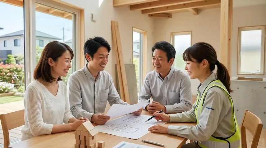 明るい木のぬくもりを感じる建築中の家の中で、夫婦とハウスメーカーのスタッフ2名がテーブルを囲んで笑顔で打ち合わせをしている風景。
テーブルの上には家の図面（平面図）と積み木のような家の模型が置かれ、作業服を着た女性スタッフがペンで図面を指しながら説明している。
夫婦は図面を手に取りながら楽しそうに話を聞いており、背景の大きな窓からは庭の緑やウッドデッキが見える、信頼感とワクワク感にあふれた商談の様子。