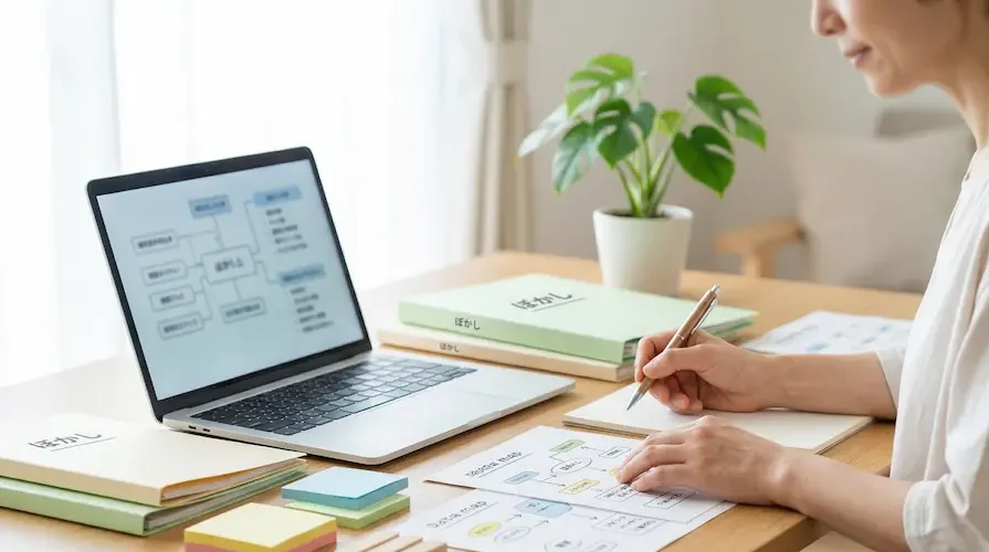 明るい室内で、女性がノートパソコンを前にしてデスクワークをしている様子。
デスクの上には開いたノートパソコン、数冊のノートやファイル、付箋、そしてフローチャートが描かれた資料が並んでいる。女性は右手にペンを持ち、紙の資料を見ながら思案したり書き込んだりしている。
背景には観葉植物のモンステラが置かれ、全体的にナチュラルで落ち着いた、知的で集中した作業風景を感じさせる。